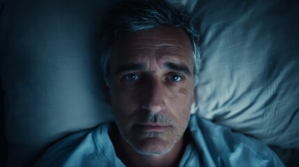 Pensive Middle-Aged Man Staring at Ceiling in Dimly Lit Bedroom