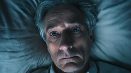 Man Awake in Bed with Troubled Expression During Nighttime Hours