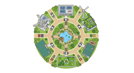 Sustainable living community illustration showcasing renewable energy and green infrastructure