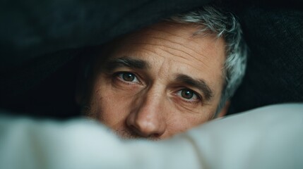 Close-Up of a Thoughtful Man in Bed with Soft Blankets and Pillows
