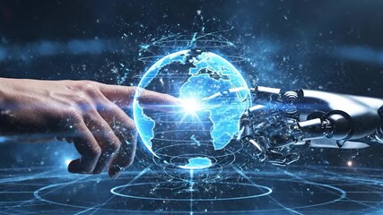 AI, Machine learning, Hands of robot and human touching on big data network connection background, Science and artificial intelligence technology, innovation and futuristic - Powered by Adobe