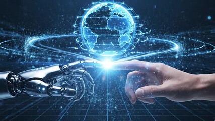 AI, Machine learning, Hands of robot and human touching on big data network connection background, Science and artificial intelligence technology, innovation and futuristic - Powered by Adobe