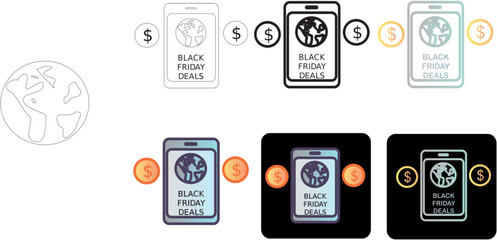 Minimalist icon collection depicting global Black Friday sales, featuring online mobile shopping and currency symbols for promotions