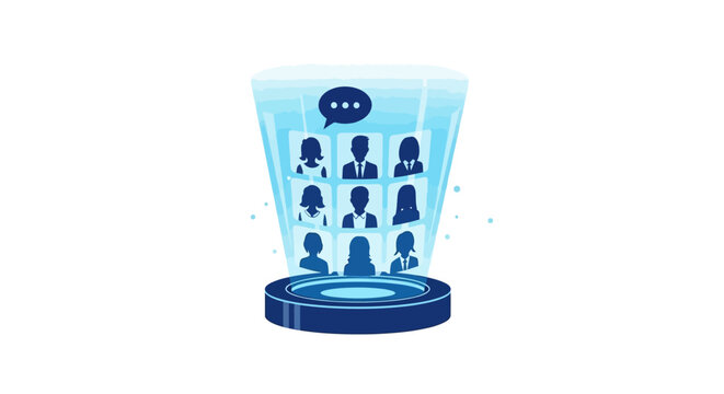 Virtual meeting podium showcasing global communication with diverse participants