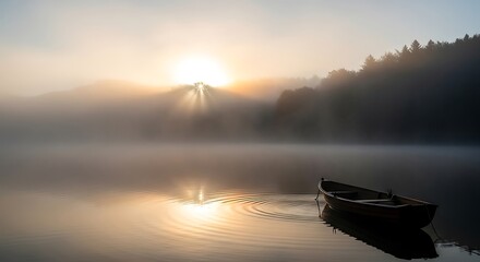 Fototapeta premium Sunrise over tranquil lake with boat and misty landscape