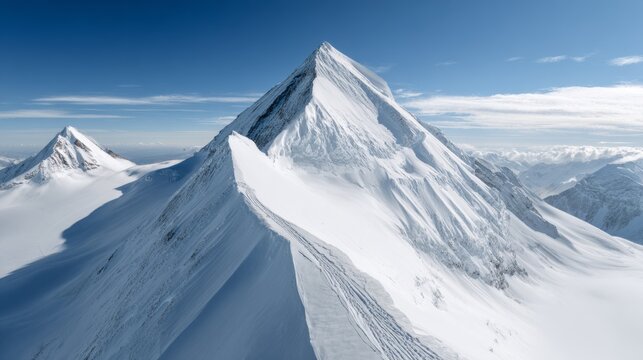 Aerial view of snow-covered Alps with a clear blue sky, showcasing breathtaking natural beauty and majestic mountain peaks.
