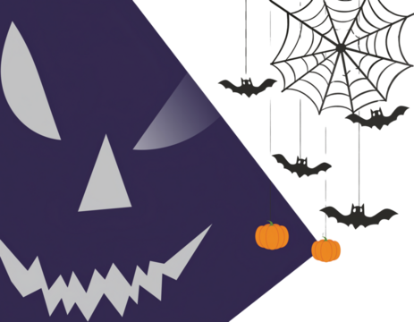  Halloween party background with scary pumpkin face,bats,hanging from top isolated on png or transparent texture,template for poster, brochure, promotion,sale marketing vector