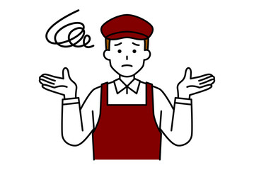 お手上げするカフェの男性店員