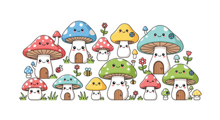 Whimsical mushroom village illustration perfect for children's books and design projects
