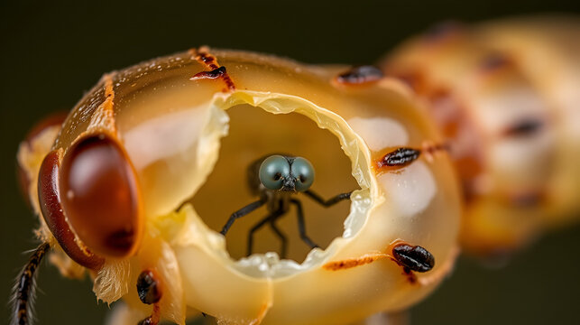 Close-up macro photograph of the shell of a dragonfly larvae showing the hole where the adult has emerged