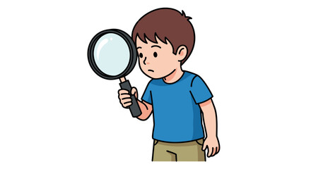 Young boy intently examining objects through magnifying glass with curiosity and focus