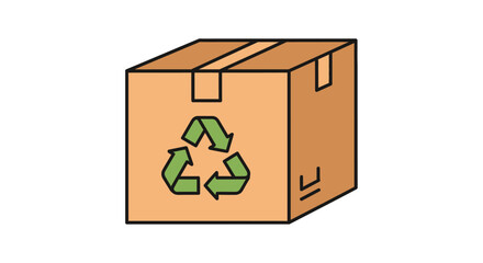 Stylized illustration of cardboard box with recycling symbol emphasizing sustainable packaging