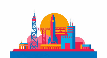 Vibrant rocket launch site illustration featuring a retro design style concept