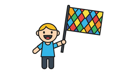 Cartoon character joyfully waving a vibrant harlequin pattern flag on white background