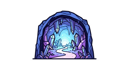 Enigmatic crystal cave entrance with winding path and glowing light source in back