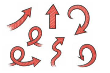 Hand drawing red arrows set collection with various direction pointers and scribble texture on transparent background