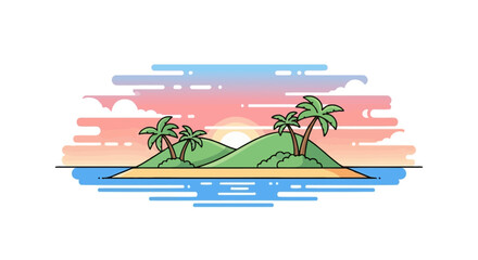 Idyllic island getaway illustration with stylized sunset and swaying palms perfect for travel and