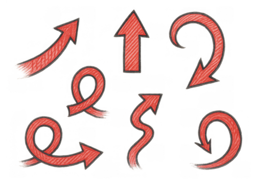 Hand drawing red arrows set collection with various direction pointers and scribble texture on transparent background