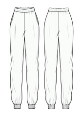 Women's joggers front and back view technical flat drawing vector mockup illustration.