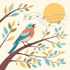 Colorful bird singing on a branch with sun and music notes song