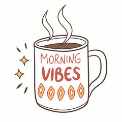 Coffee Mug with Morning Vibes Text and Steam on White Background vector illustration