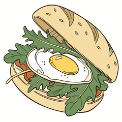 Delicious sandwich with fried egg and arugula on white background burger bread