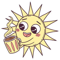 Happy Cartoon Sun Character Holding a Cup of Coffee smiling