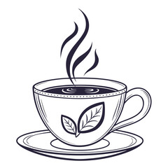 Hand-drawn outline of a tea cup and saucer with steaming beverage hot drink