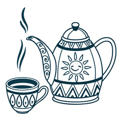 Whimsical Teapot and Cup with Smiling Sun Design drink beverage