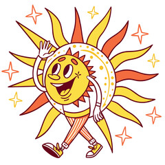 Cartoon Sun Character Walking with Starbursts happy