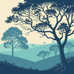 Stylized Trees on Rolling Hills with Teal Sky landscape nature