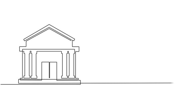 Bank icon in one line continuous drawing. Continuous outline of a theater icon, Bank, bank building, court, building with pro. Bank continuous one line drawing. Animation video