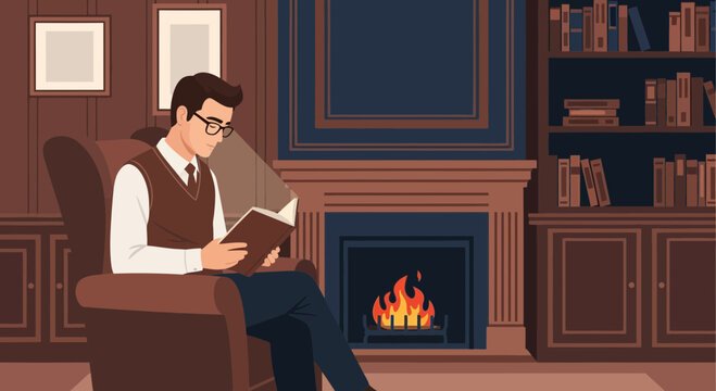 Man engrossed in book by the fireside, embodying comfort and intellectual pursuit