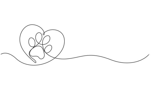 Dog or cat paw footprint and heart continuous one line drawing animation, Video. Dog and cat paw hearts drawn in one continuous line. Dog paw prints in a heart frame in a simple linear style. Concept