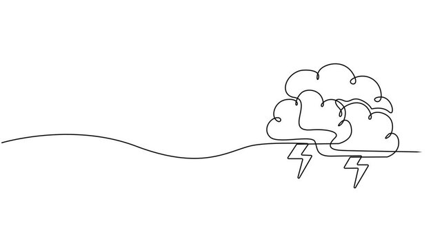 Thunderstorm cloud continuous one line drawing animation, Self drawing animation of single continuous line draw flashing thunderbolt with heavy cloud in the sky. Daily natural weather phenomena
