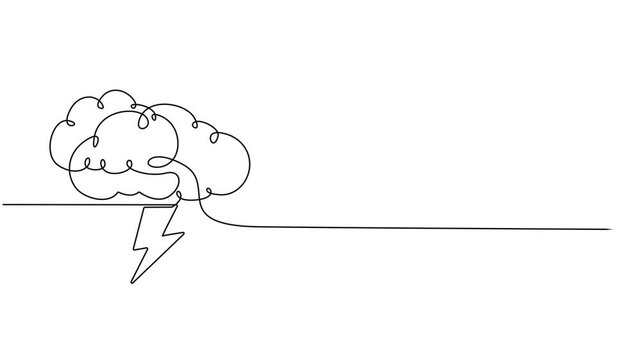 Thunderstorm cloud continuous one line drawing animation, Self drawing animation of single continuous line draw flashing thunderbolt with heavy cloud in the sky. Daily natural weather phenomena