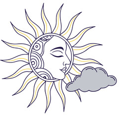 Stylized Sun Face with Moon and Cloud Color Illustration celestial