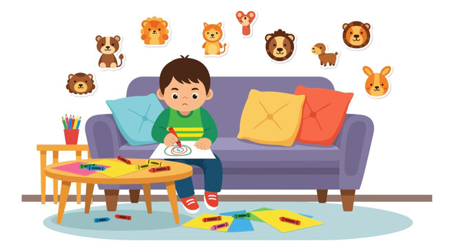 Illustration showcasing a young boy engrossed in drawing at home surrounded by art supplies