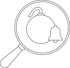 Magnifying glass showing a bomb with a bell