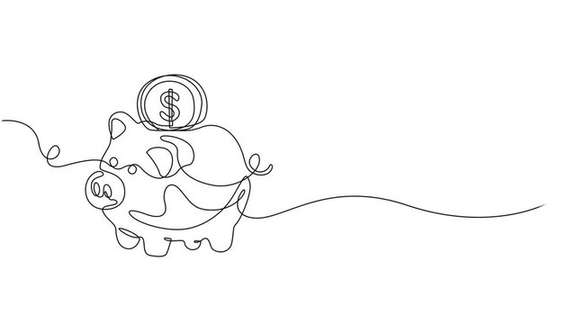 Piggy bank with dollar coin set animation continuous one line drawing, Self drawing simple animation of Piggy bank with dollar coin set. Full length one line animation. Saving money concept, sales in.