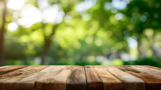 Rustic wooden table in a sunlit forest background