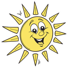 Fototapeta premium Happy Cartoon Sun Character with Rays and Smiling Face Keywords: sun, cartoon, happy, smiling