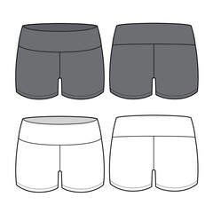 Boxer briefs for women front and back view design technical flat sketch vector mockup template.