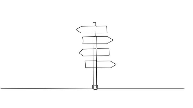 signpost showing directions continuous one line drawing animation, Road Sign Single Line Icon, Small Signpost Three Directions Drawing