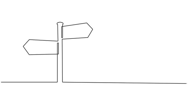signpost showing directions continuous one line drawing animation, Road Sign Single Line Icon, Small Signpost Three Directions Drawing