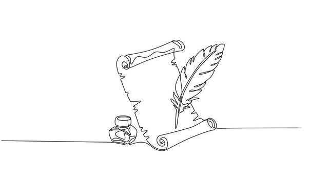 Animated self Continuous one line drawing of Scroll with inkwell and feather. Minimalist art conveying vintage writing and history. Video clip with alpha channel, Full length one line animation. 4K.