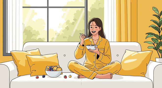 Young woman enjoying breakfast in pajamas on sofa at home, a vibrant morning routine