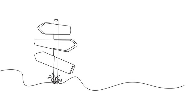 signpost showing directions continuous one line drawing animation, Road Sign Single Line Icon, Small Signpost Three Directions Drawing