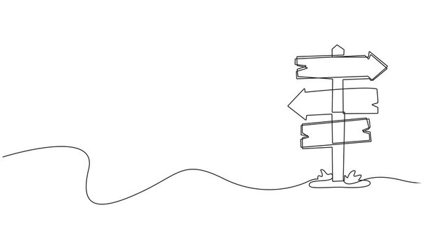 signpost showing directions continuous one line drawing animation, Road Sign Single Line Icon, Small Signpost Three Directions Drawing