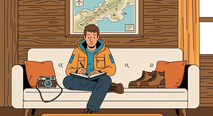 Illustrative depiction of a traveler reflecting on adventures within a cabin setting